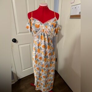 LUSH Silk Slip Dress with Gorgeous Lace Detail and Orange Blossom Pattern Size L